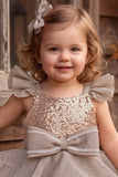 Girls Grey Sequin Layered Party Frock With Bow Detailing