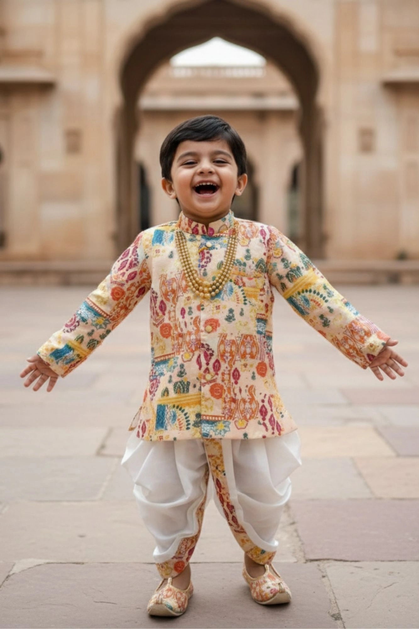 Cream Multicolor Ethnic Printed Kurta Dhoti Set for Boys