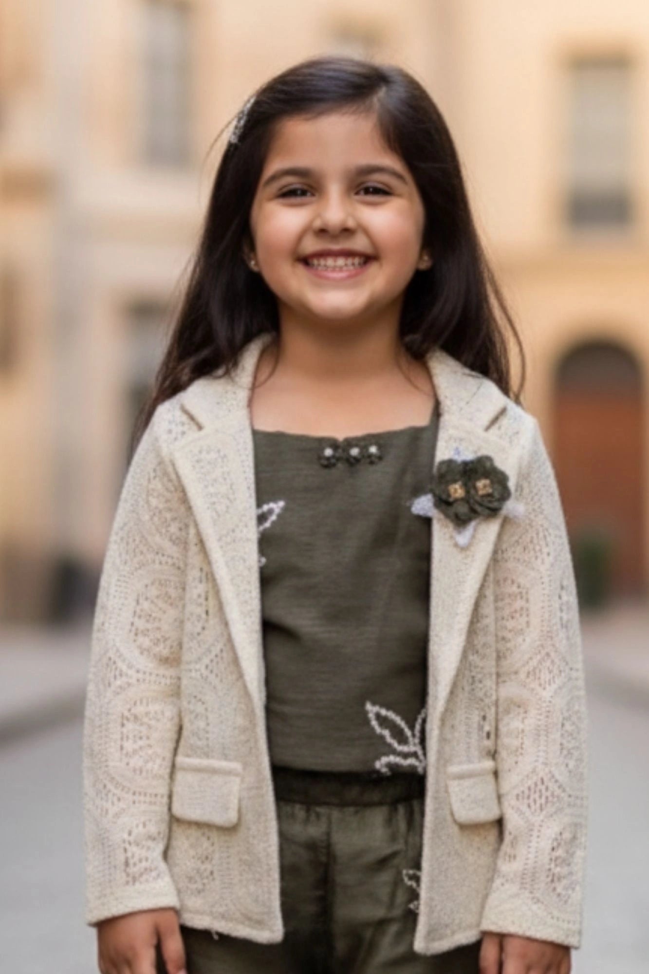 Olive Green Embroidered Co-ord Set With Cream Lace Jacket For Girls