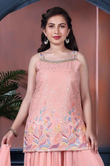 Peach Sequins And Embroidered Palazzo Set For Girls