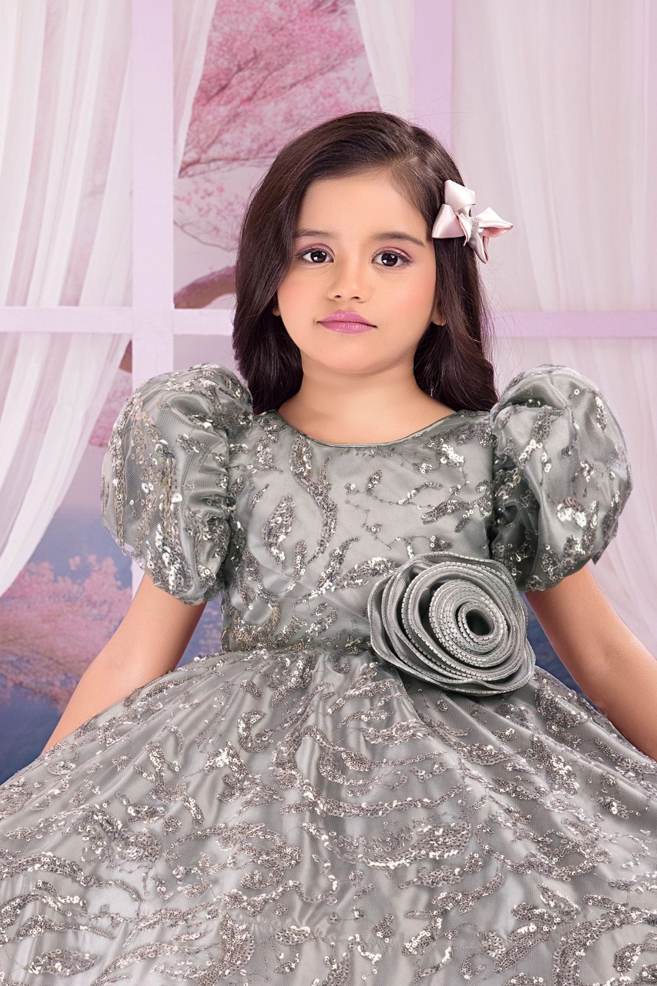 Grey Sequin Puff-Sleeve Party Frock With 3D flower Applique For Girls