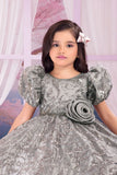 Grey Sequin Puff-Sleeve Party Frock With 3D flower Applique For Girls