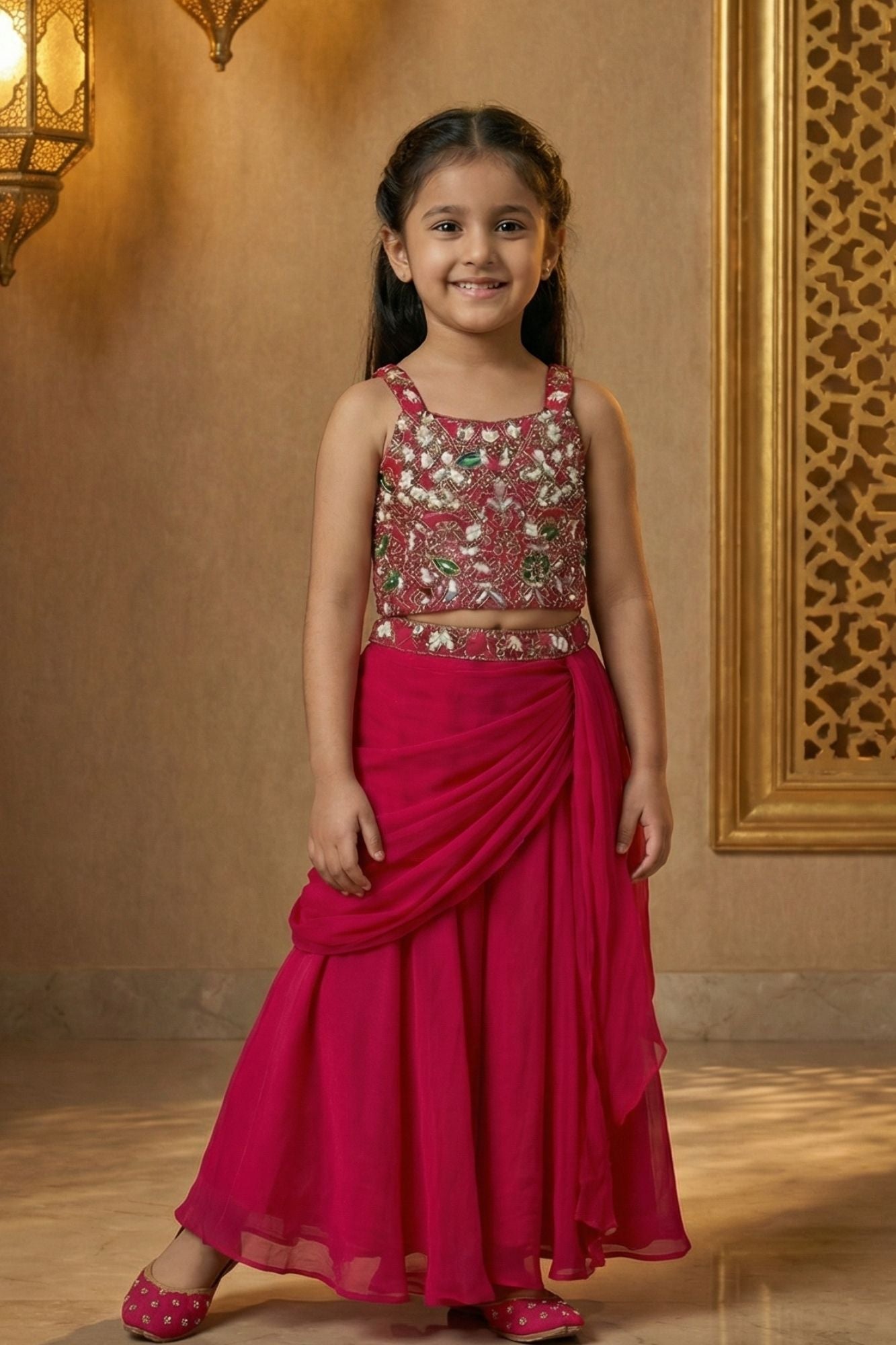 Rani Pink Embroidered Lehenga Choli Set For Girls