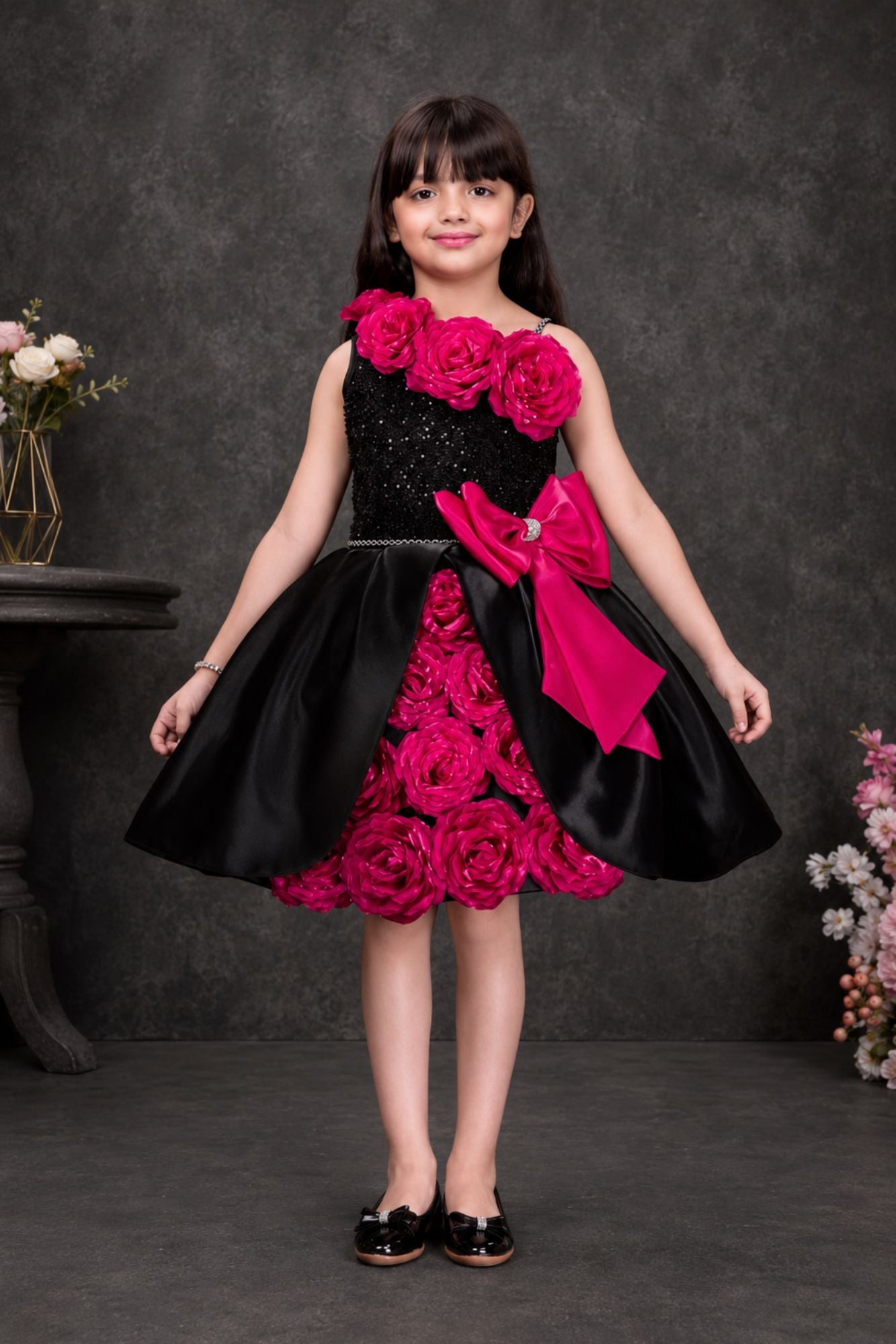 Black & Fuchsia Floral Party Wear Frock with Statement Bow