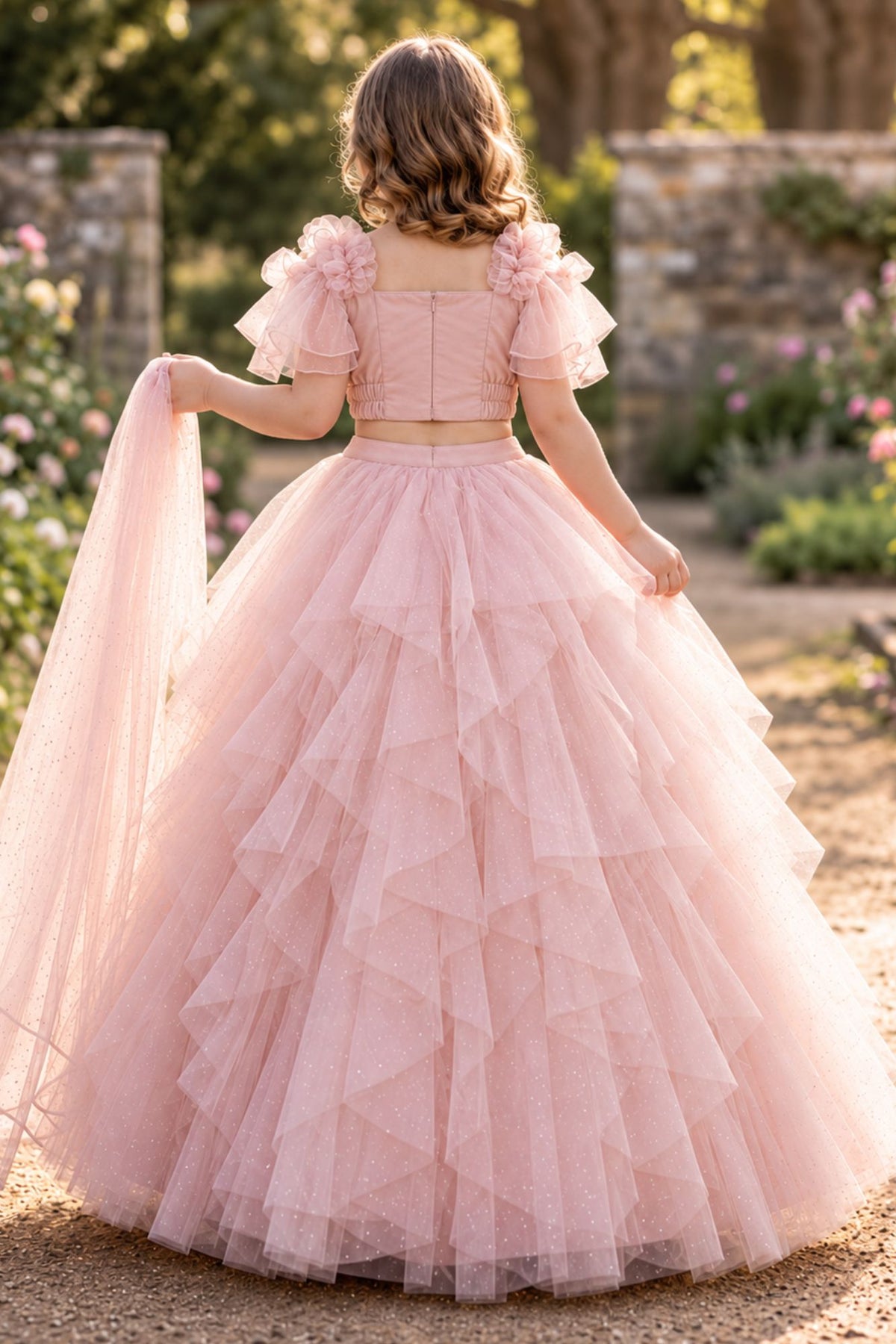 Blush Pink Floral Ruffle Lehenga Choli For Girls