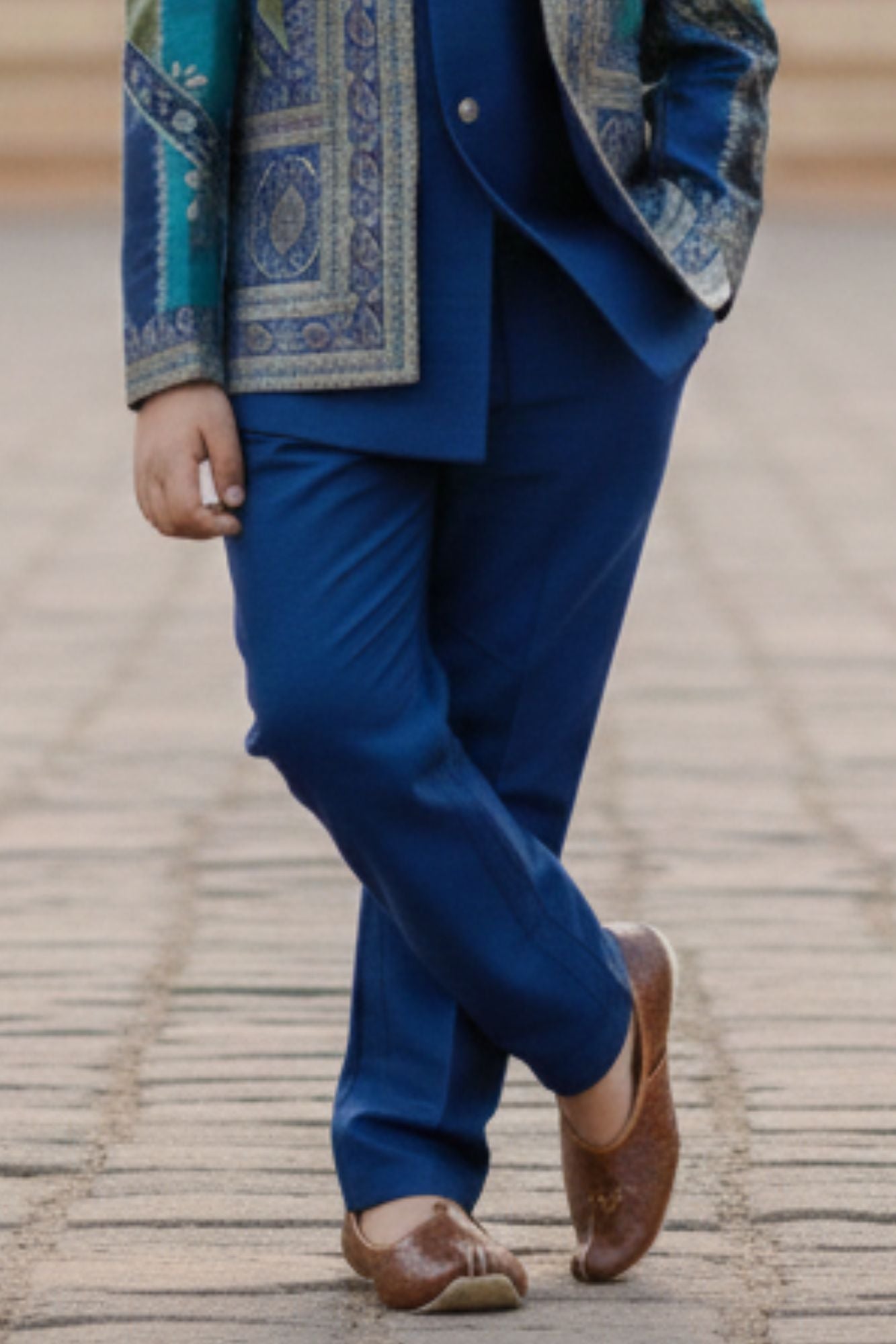 Blue Premium Brocade Indo Western Suit Set For Boys