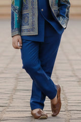 Blue Premium Brocade Indo Western Suit Set For Boys