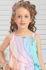 Multicolor Sleeveless And Vertical Layered Dress For Girls