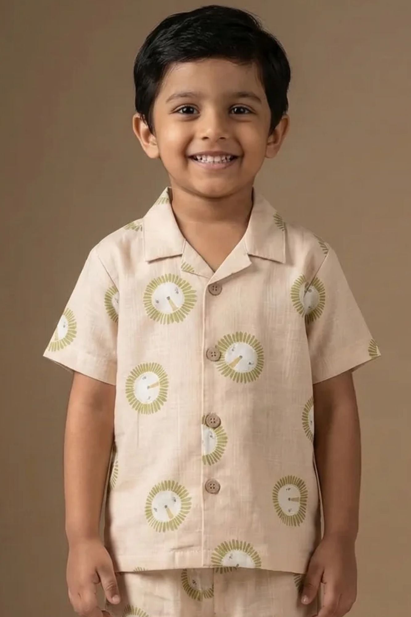 Cream Lion Print Cotton Night Suit Set For Boys