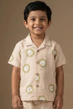 Cream Lion Print Cotton Night Suit Set For Boys
