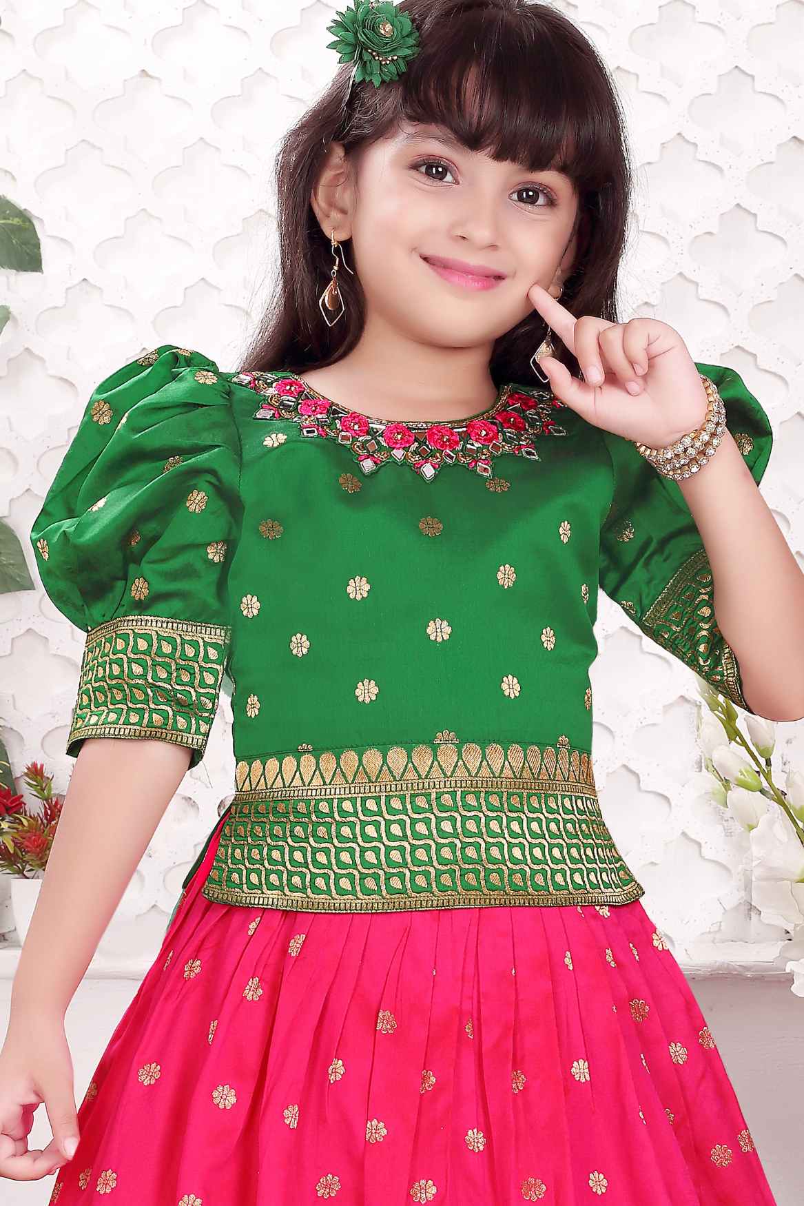 Green And Pink Banarasi Silk pattu Lehenga-Choli Set For Girls