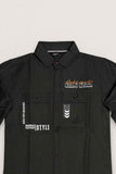 Black Utility Style Shirt With Graphic Prints And Roll-Up Sleeves For Boys