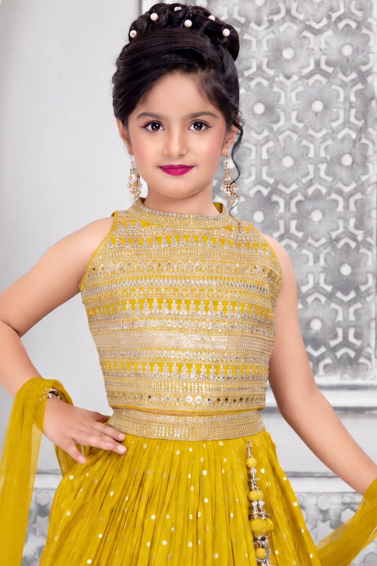 Girls Heavy Sequin Embroidered Mustard Yellow Lehenga Choli Set With Dupatta