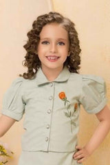 Pista Green Floral Embroidered Shirt And Skirt Set For Girls