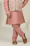 Peach Embroidered Kurta Pajama Set with Ethnic Nehru Jacket for Boys