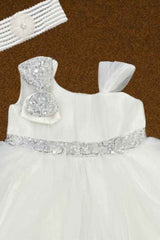 White Sleeveless And Bow Embellished With Sequins Work Frock For Girls