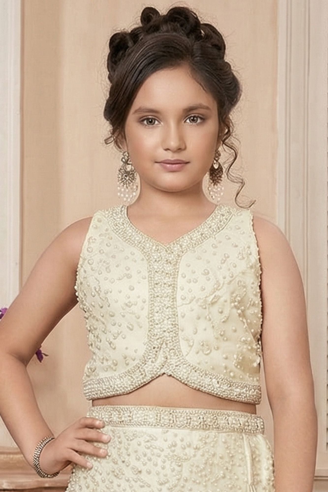 Cream Pearl Embellished  Lehenga Choli For Girls