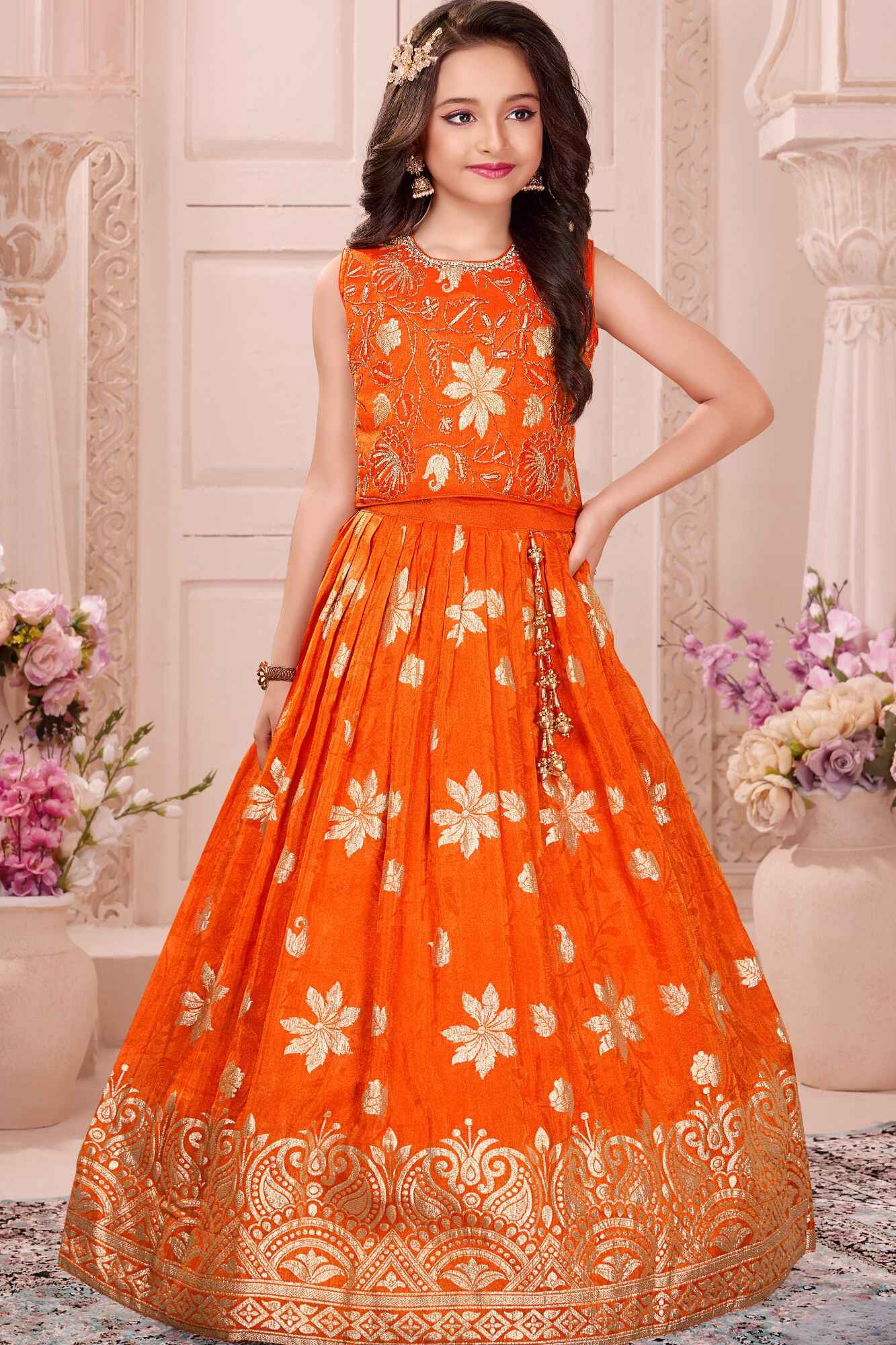 Orange Silk Lehenga Choli with Gold Zari Motifs For Girls
