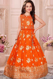 Orange Silk Lehenga Choli with Gold Zari Motifs For Girls