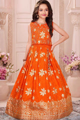 Orange Silk Lehenga Choli with Gold Zari Motifs For Girls