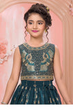 Deep Teal Peacock Embroidered Lehenga Choli Set For Girls