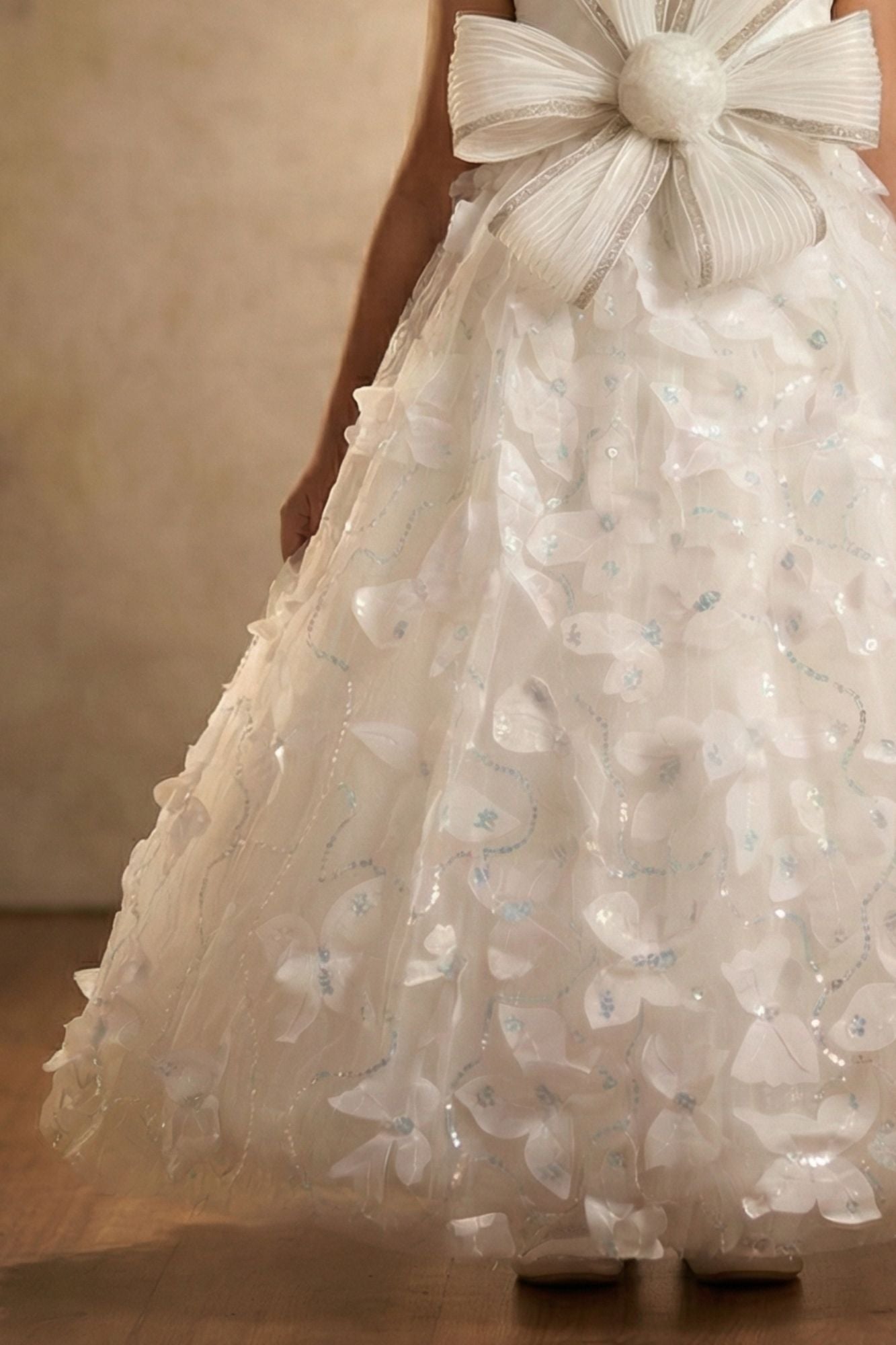 Girls White Floral Party Gown with Statement Bow
