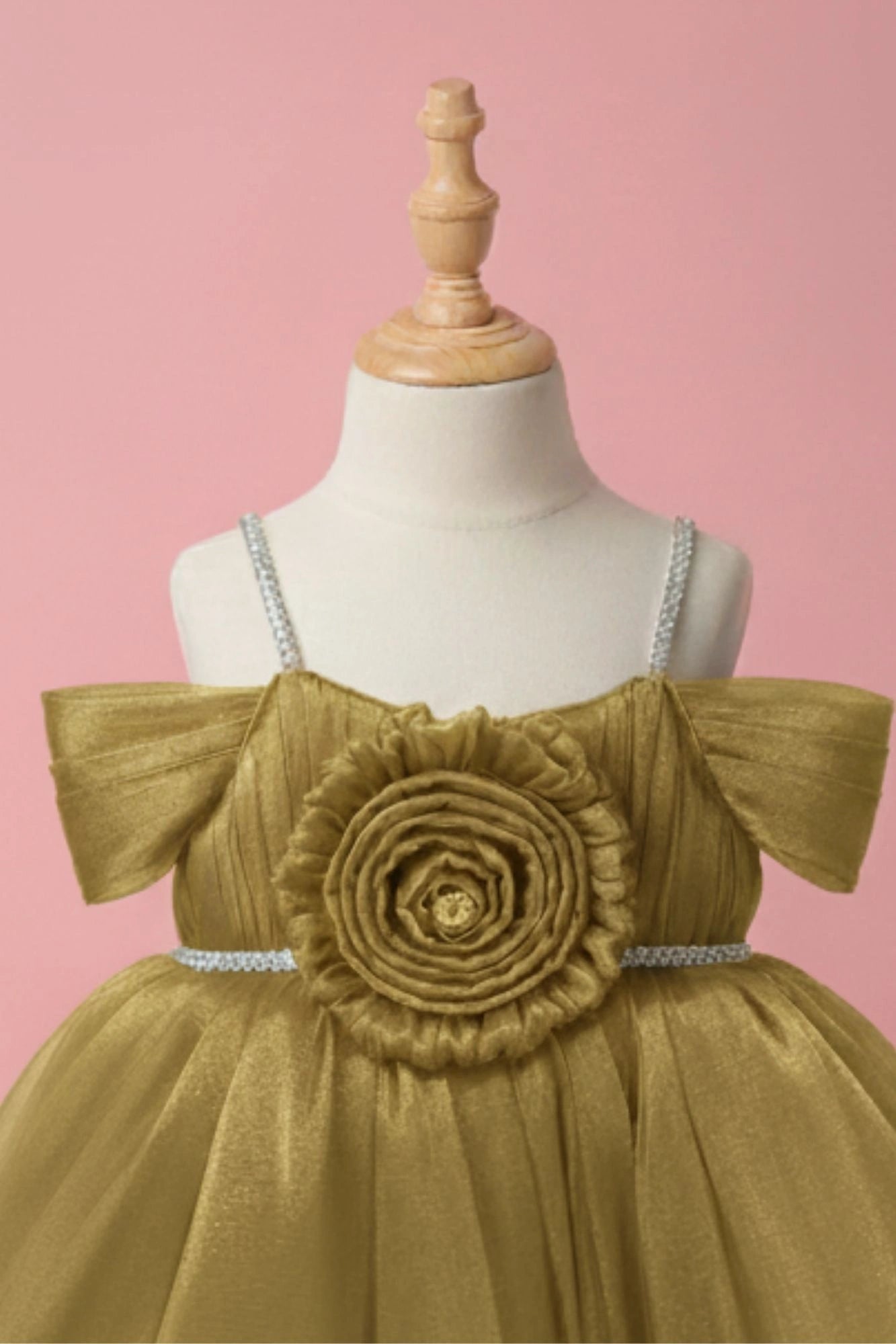 Gold Party Frock with Pleated Flower Appliqué and Shimmer Finish For Girls