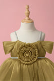 Gold Party Frock with Pleated Flower Appliqué and Shimmer Finish For Girls