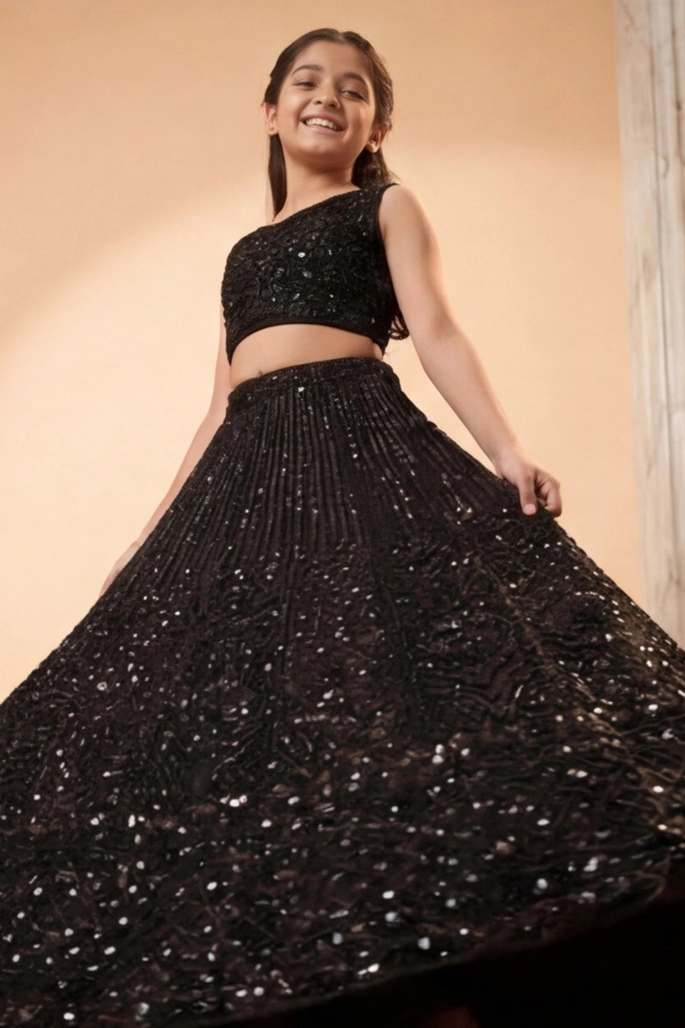 Black Sequin Embroidered Lehenga Set For Girls