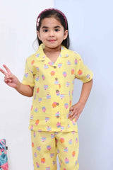 Cute and Comfy Yellow Cupcake Printed Night Suit Set for Girls