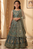 Sage Green Floral Printed Lehenga Choli Set with Dupatta