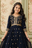 Navy Blue Sequins Work And Zari Embroidered Ethnic Gown For Girls