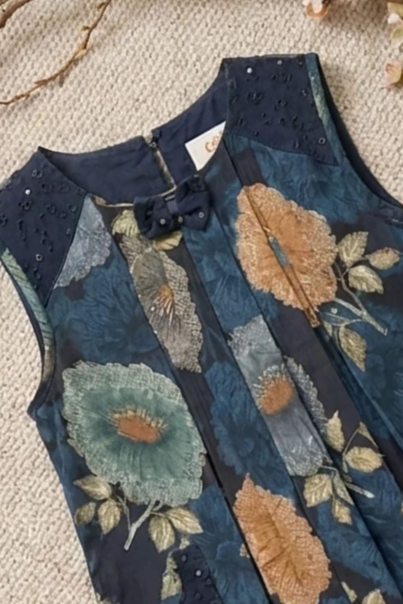 Girls Blue Floral Printed Dress With Lace Panels and Pleats