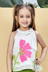 Stylish Green Skirt With Sleeveless Printed Top Set For Girls