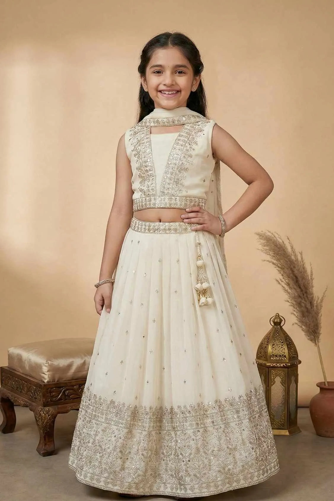 Cream Embroidered Lehenga Choli Set with Dupatta For Girls