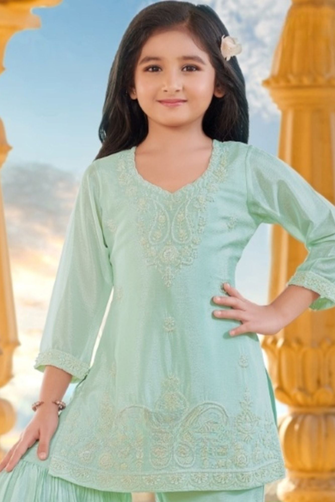 Sea Green Embroidered Sharara Set For Girls