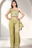 Girls Green One-Shoulder Bead And Sequin Embroidered Palazzo Set