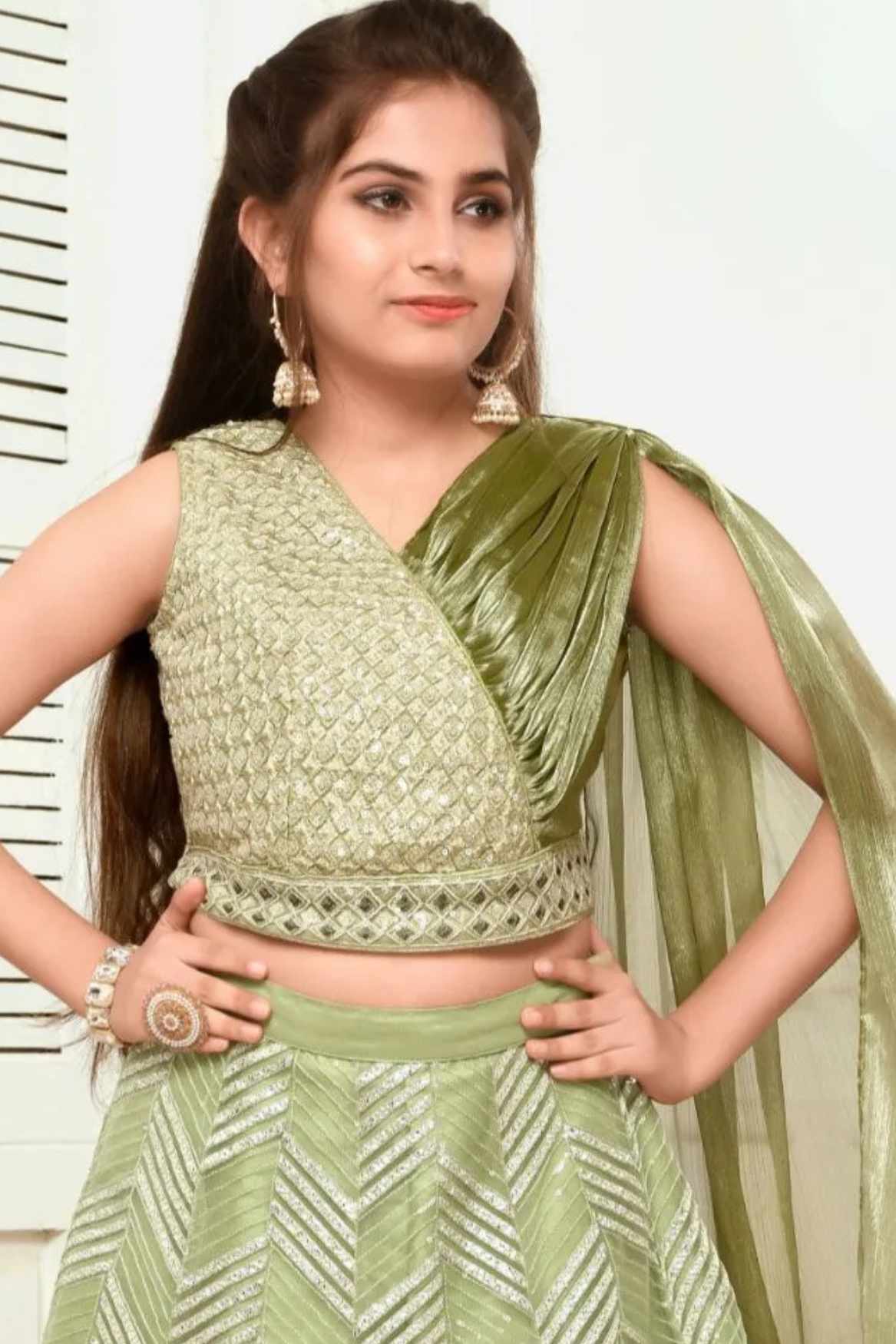 Pista Green Sequins Lehenga Choli Set For Girls
