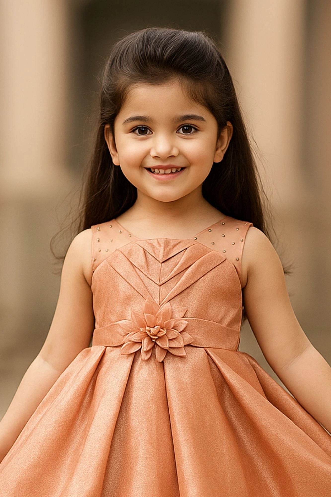 Copper Shimmer Embellished Party Wear Frock with Layered Skirt For Girls