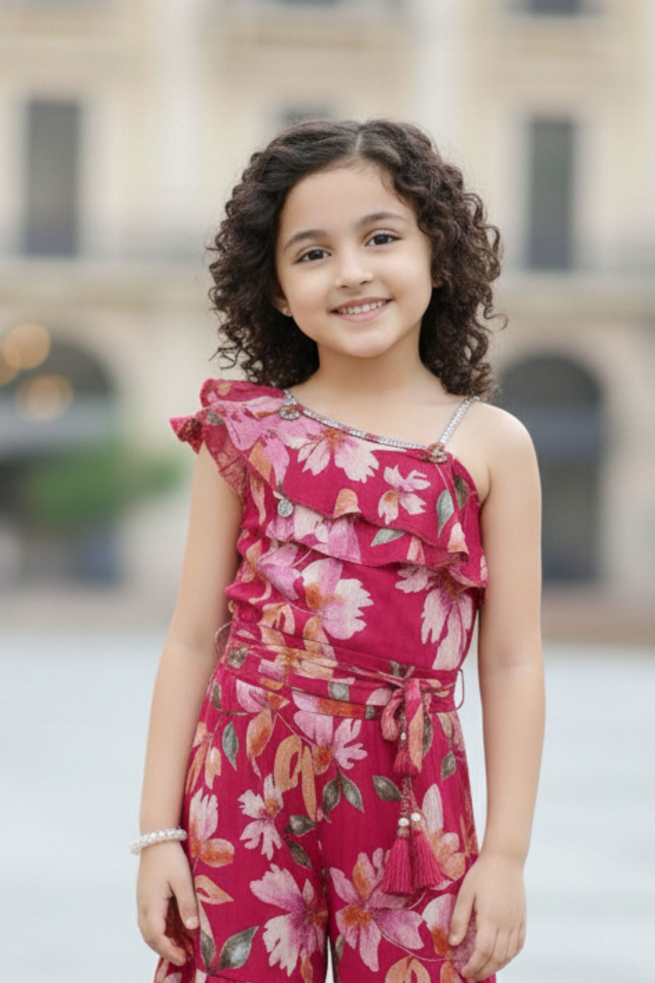 Cherry Red Floral Printed Casual Co Ord Set For Girls