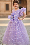 Lavender One-Shoulder Bow Embroidered Party Gown for Girls