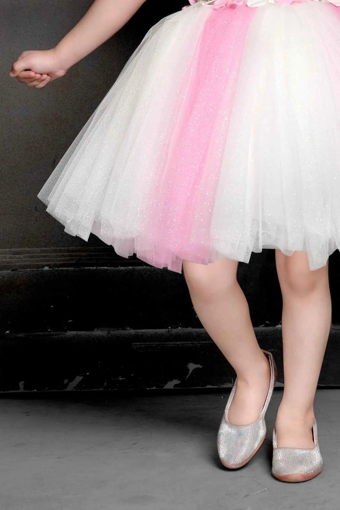 Pink Double Shaded Frock Embellished With 3D Flowers For Girls
