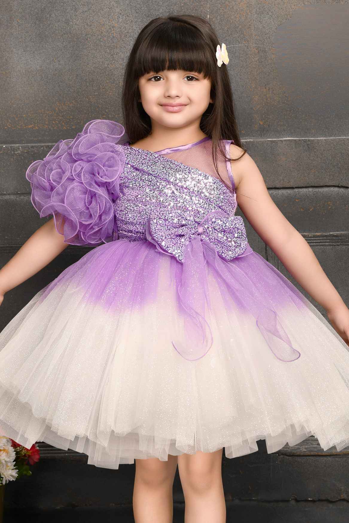 Shimmer Lavender Double Shaded Party Wear Frock For Girls
