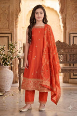 Girls Rust Orange Embroidered Sleeveless Kurta Set With Dupatta