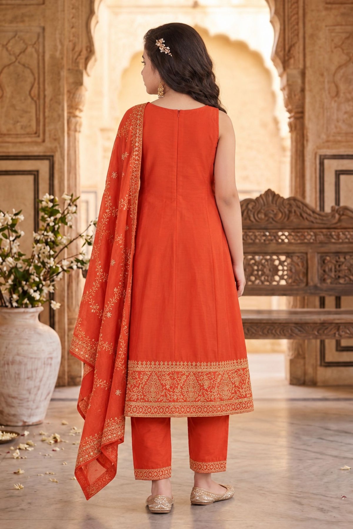Girls Rust Orange Embroidered Sleeveless Kurta Set With Dupatta