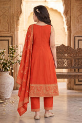 Girls Rust Orange Embroidered Sleeveless Kurta Set With Dupatta