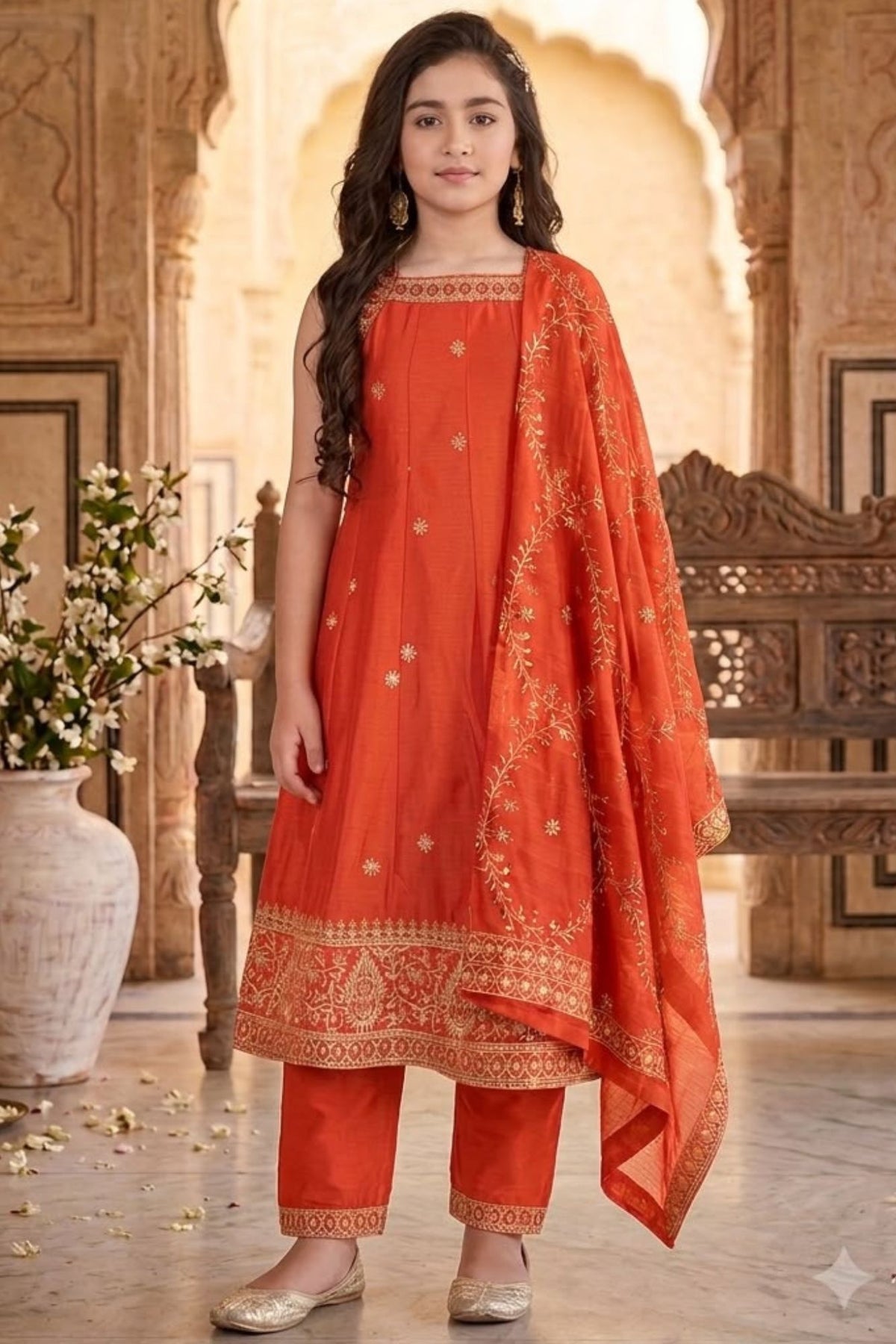 Girls Rust Orange Embroidered Sleeveless Kurta Set With Dupatta