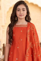 Girls Rust Orange Embroidered Sleeveless Kurta Set With Dupatta
