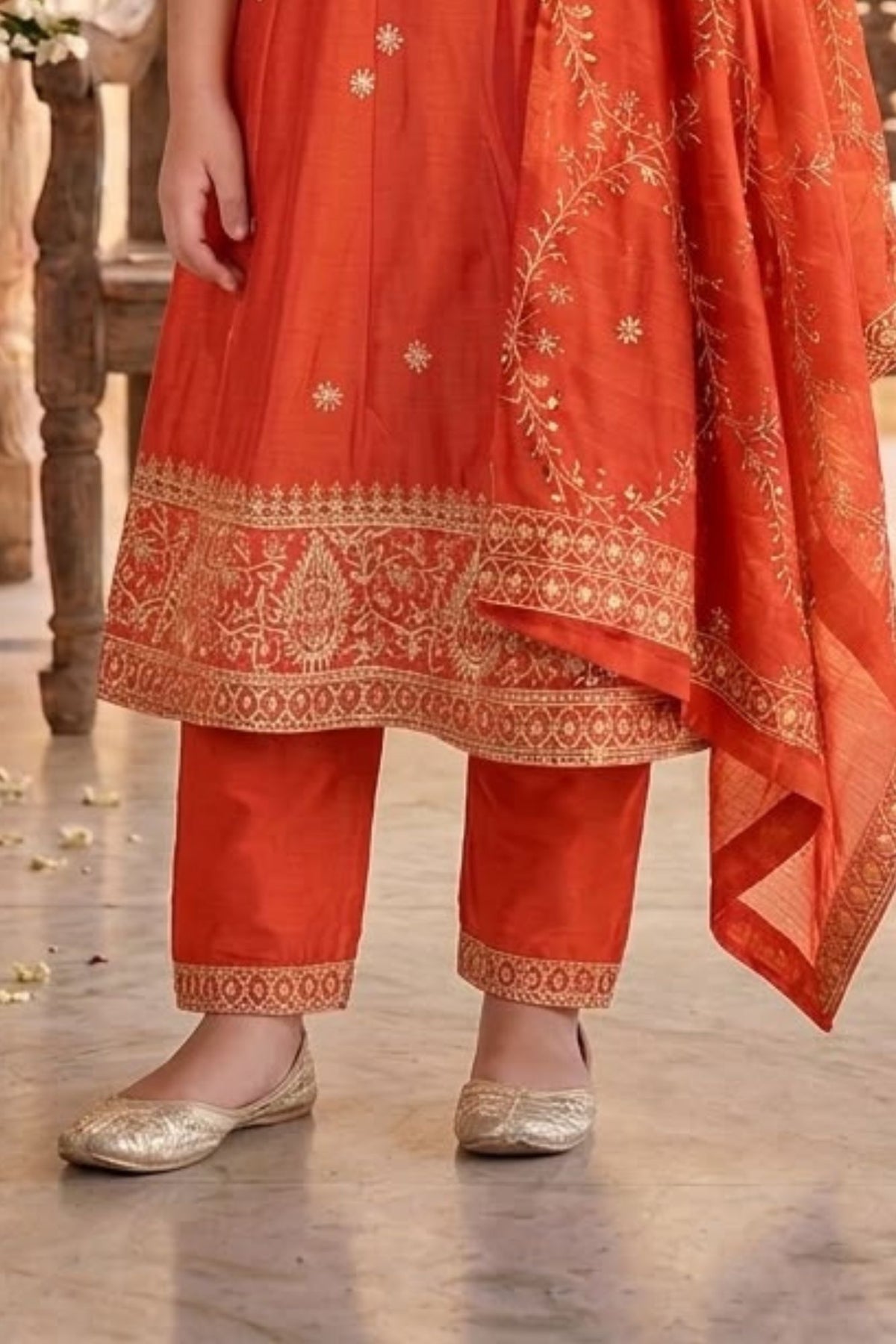 Girls Rust Orange Embroidered Sleeveless Kurta Set With Dupatta