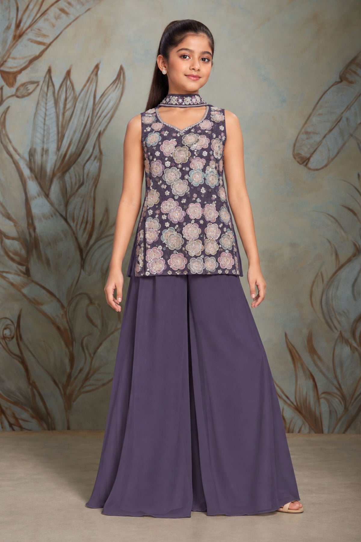 Girls Purple Multicolour Floral Sequin Embroidered Sleeveless Palazzo Set With Dupatta